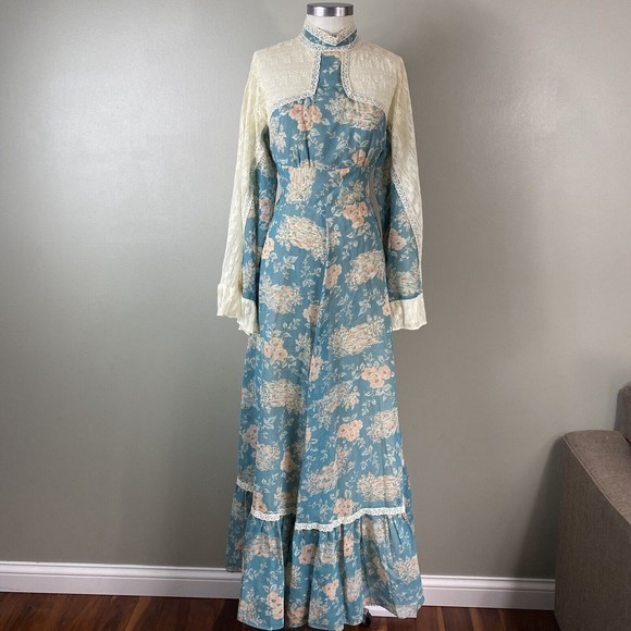 Gunne Sax Dresses & Skirts - Vtg 70s Gunne Sax By Jessica Floral Voile Dress XS S Lace Boho Bell Sleeve